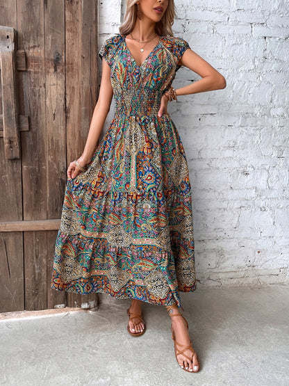 Smocked Printed Cap Sleeve Midi Boho Dress [Spirit and Rebel]   