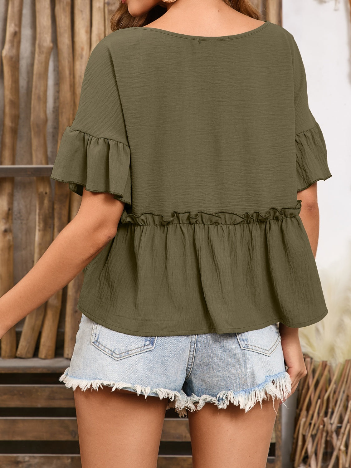 Frill Decorative Button Round Neck Half Sleeve Boho Blouse - Spirit and Rebel [Spirit and Rebel]   