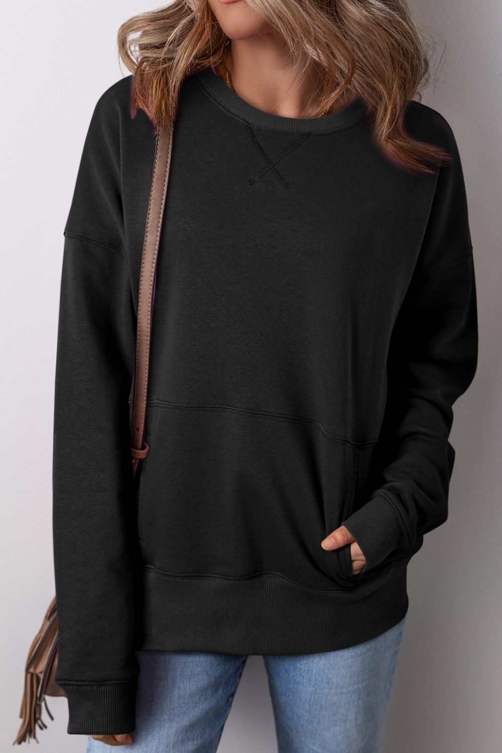 Solid Color Round Neck Long Sleeve Sweatshirt [Spirit and Rebel]