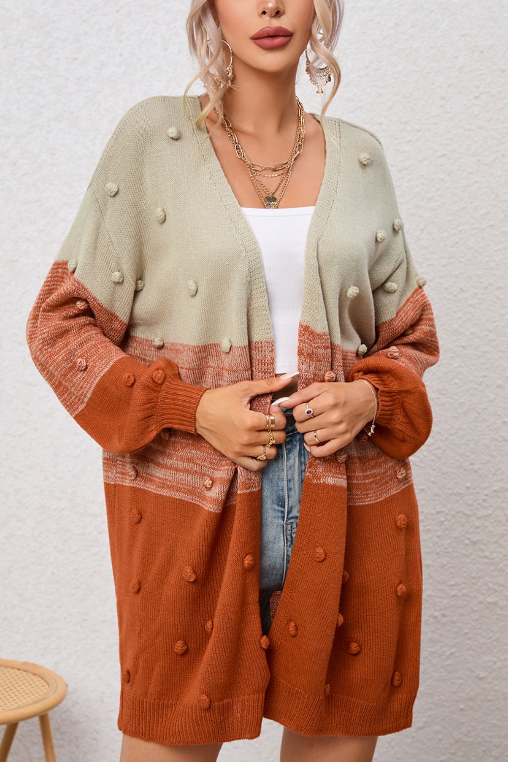 Pompom Color Block Open Front Boho Cardigan [Spirit and Rebel] Caramel S