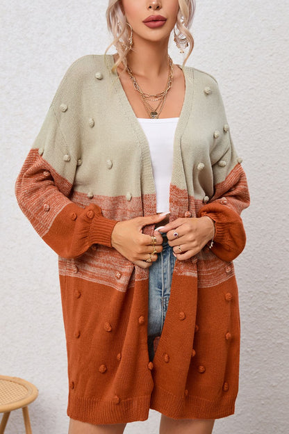 Pompom Color Block Open Front Boho Cardigan [Spirit and Rebel] Caramel S