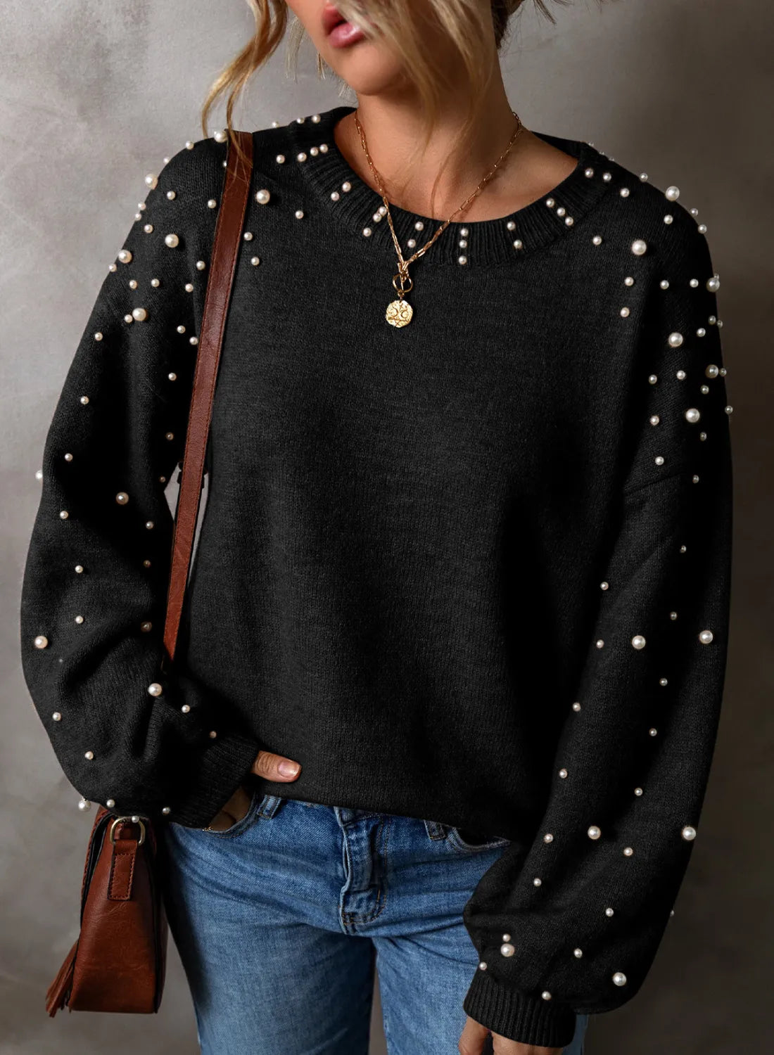 Pearl Detail Round Neck Long Sleeve Boho Sweater - Spirit and Rebel [Spirit and Rebel] Black S 