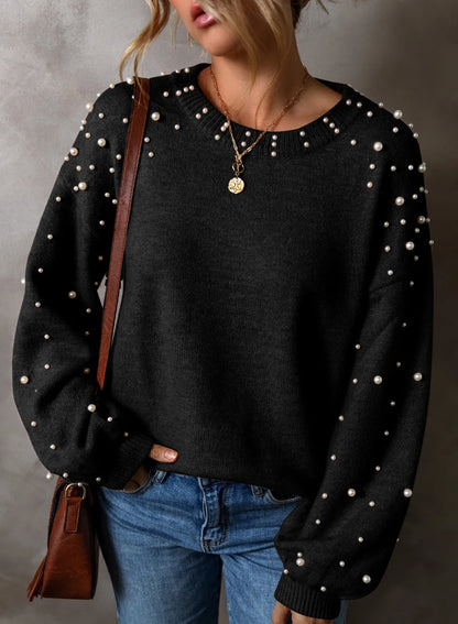 Pearl Detail Round Neck Long Sleeve Boho Sweater - Spirit and Rebel [Spirit and Rebel] Black S 