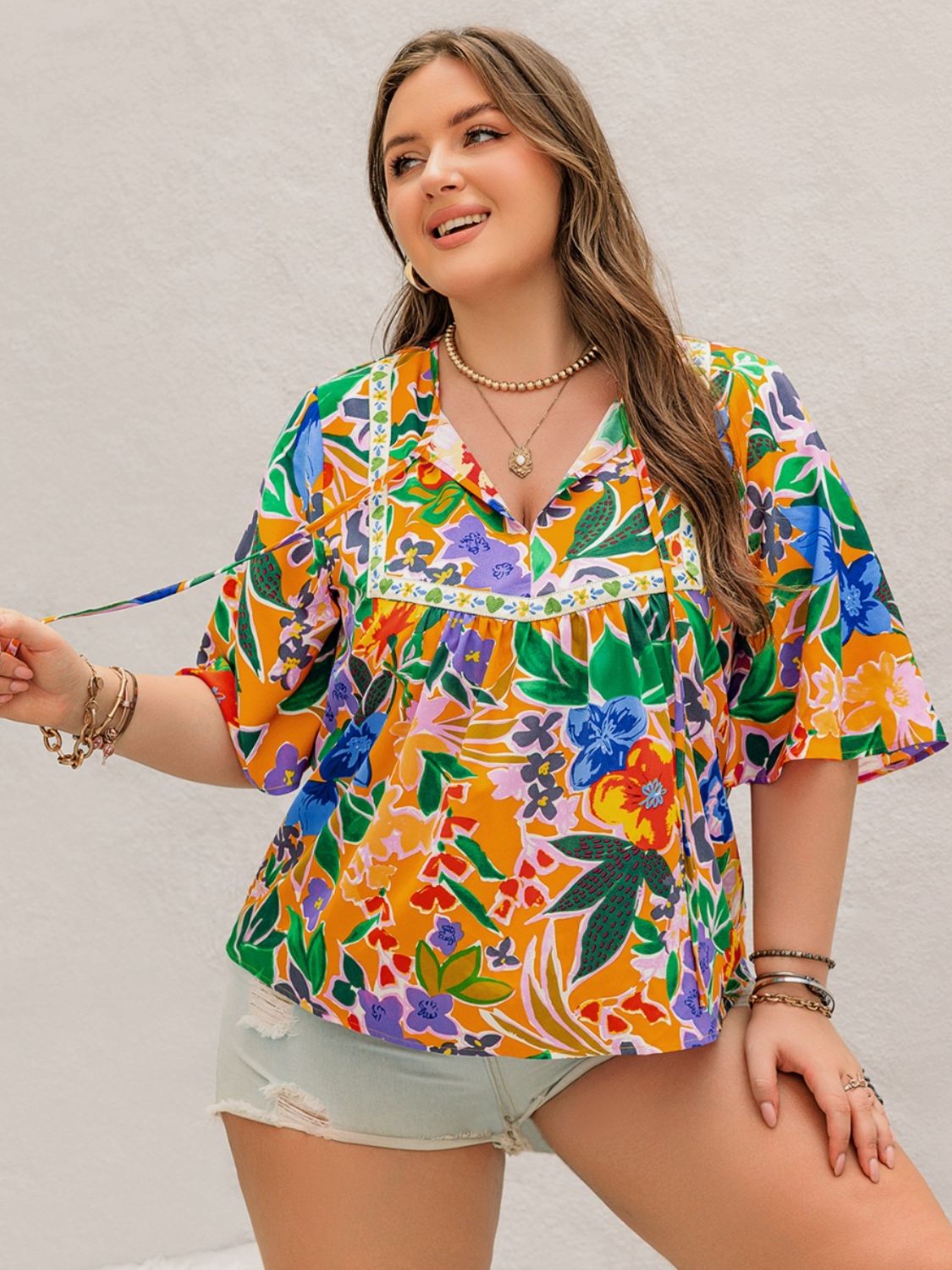 Plus Size Printed Tie Neck Half Sleeve Boho Blouse - Spirit and Rebel [Spirit and Rebel] Tangerine 0XL 