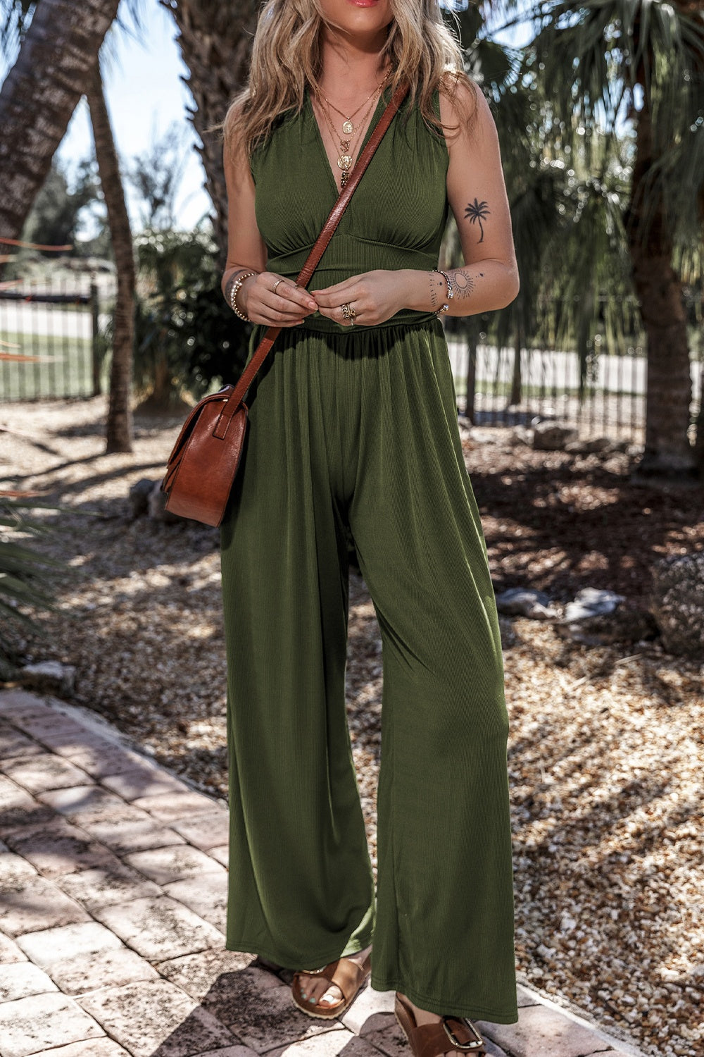 V-Neck Sleeveless Wide Leg Boho Jumpsuit - Spirit and Rebel [Spirit and Rebel] Moss S 