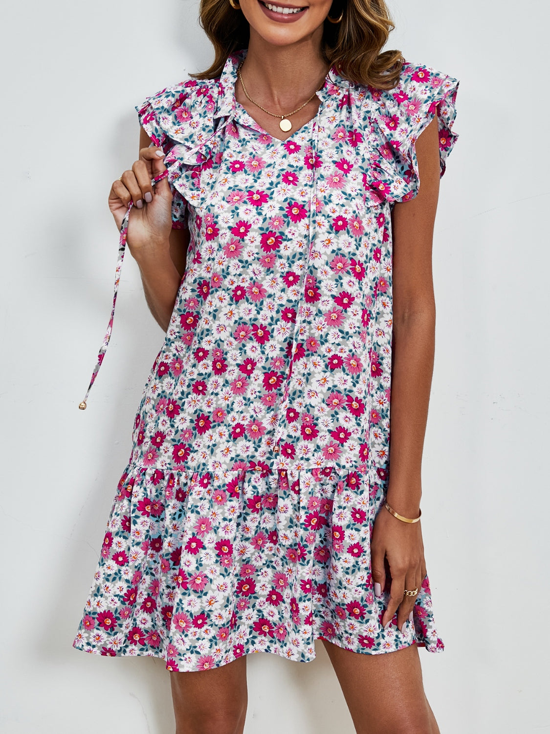 Tied Floral Cap Sleeve Mini Boho Dress - Spirit and Rebel [Spirit and Rebel]   