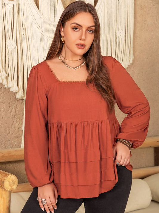 Plus Size Lace Detail Square Neck Long Sleeve Boho Blouse - Spirit and Rebel [Spirit and Rebel] Terracotta 0XL 