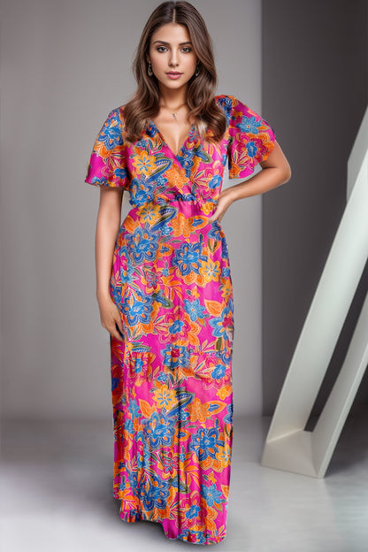 Printed Surplice Short Sleeve Boho Maxi Dress [Spirit and Rebel]   