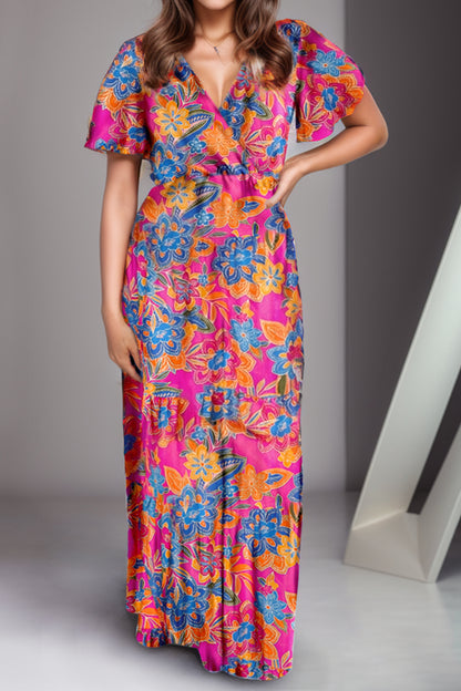 Printed Surplice Short Sleeve Boho Maxi Dress [Spirit and Rebel] Multicolor S 