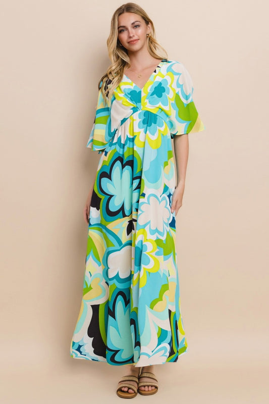 Floral Printed Slit Boho Maxi Boho Dress - Spirit and Rebel [Spirit and Rebel] Blue Yellow S 