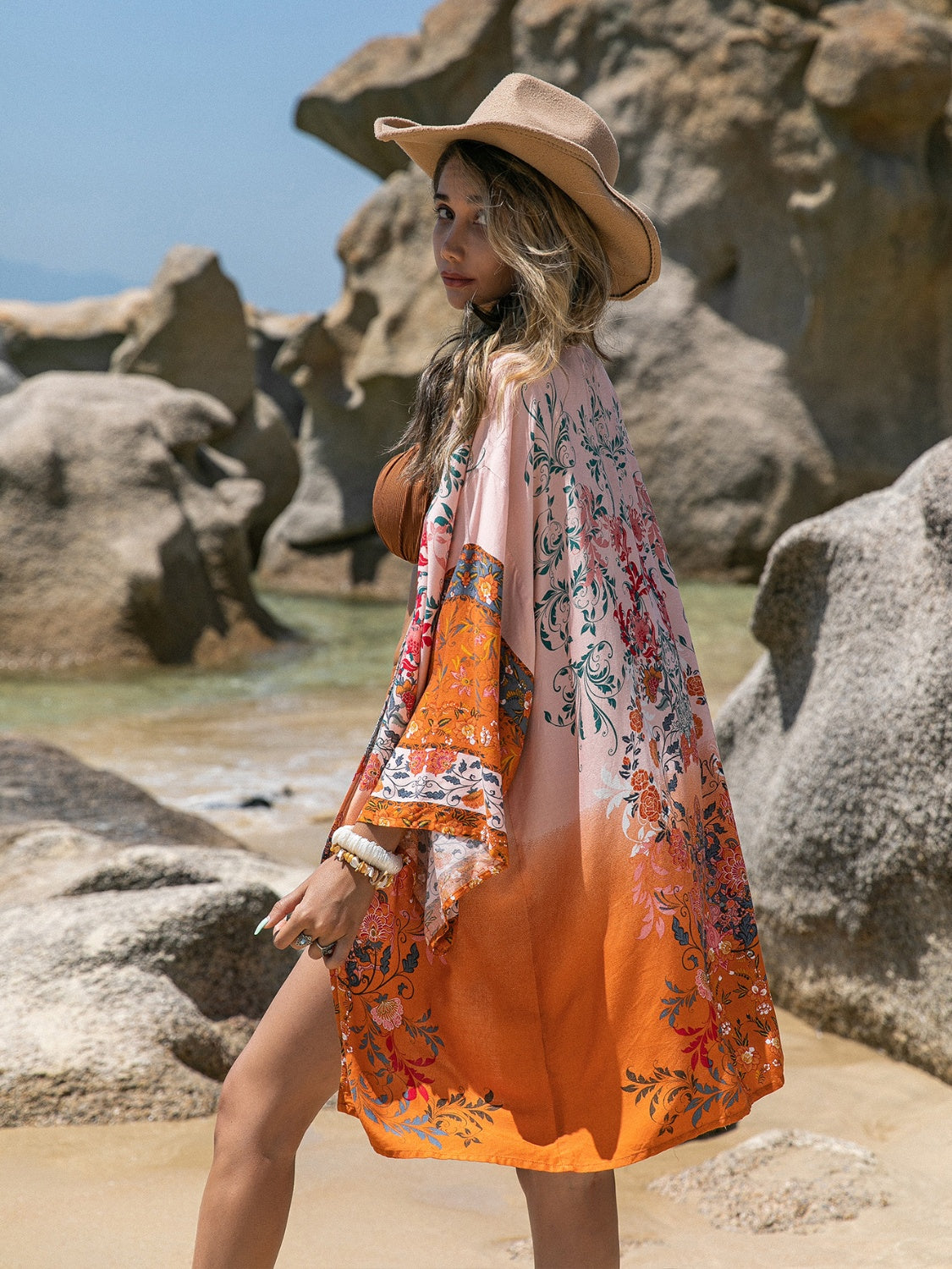 Printed Open Front Long Sleeve Cover-Up - Spirit and Rebel [Spirit and Rebel] Orange S 