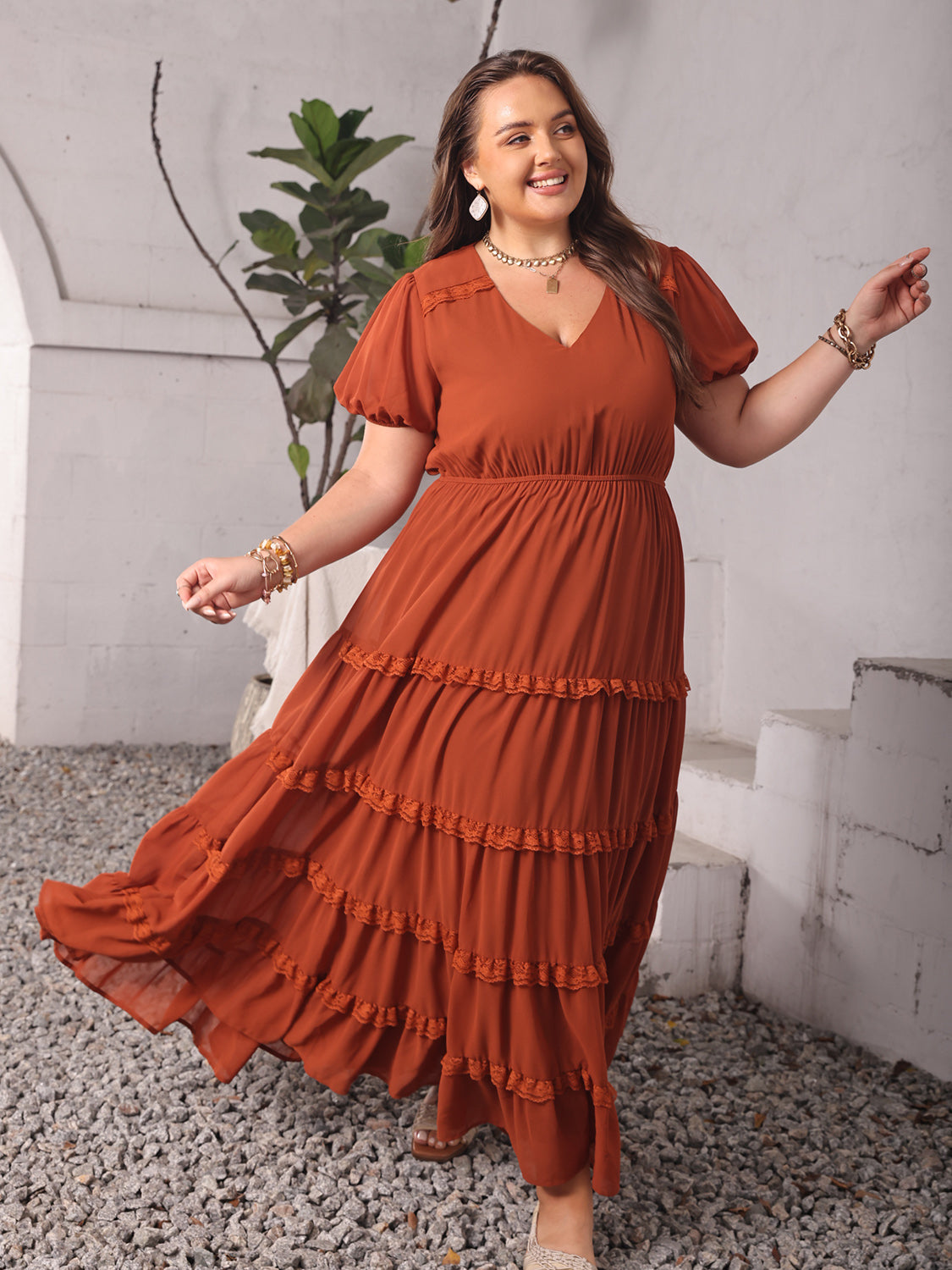 Plus Size Ruched Lace Detail V-Neck Short Sleeve Boho Dress - Spirit and Rebel [Spirit and Rebel]   