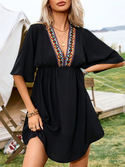 Embroidered Plunge Half Sleeve Mini Boho Dress - Spirit and Rebel [Spirit and Rebel]   