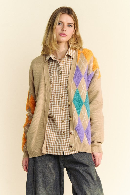 Argyle V-Neck Dropped Shoulder Cardigan [Spirit and Rebel] Tan S