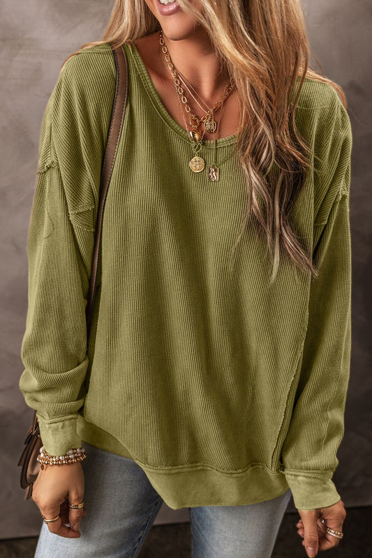 Textured Round Neck Long Sleeve Boho Sweatshirt [Spirit and Rebel] Matcha Green S 