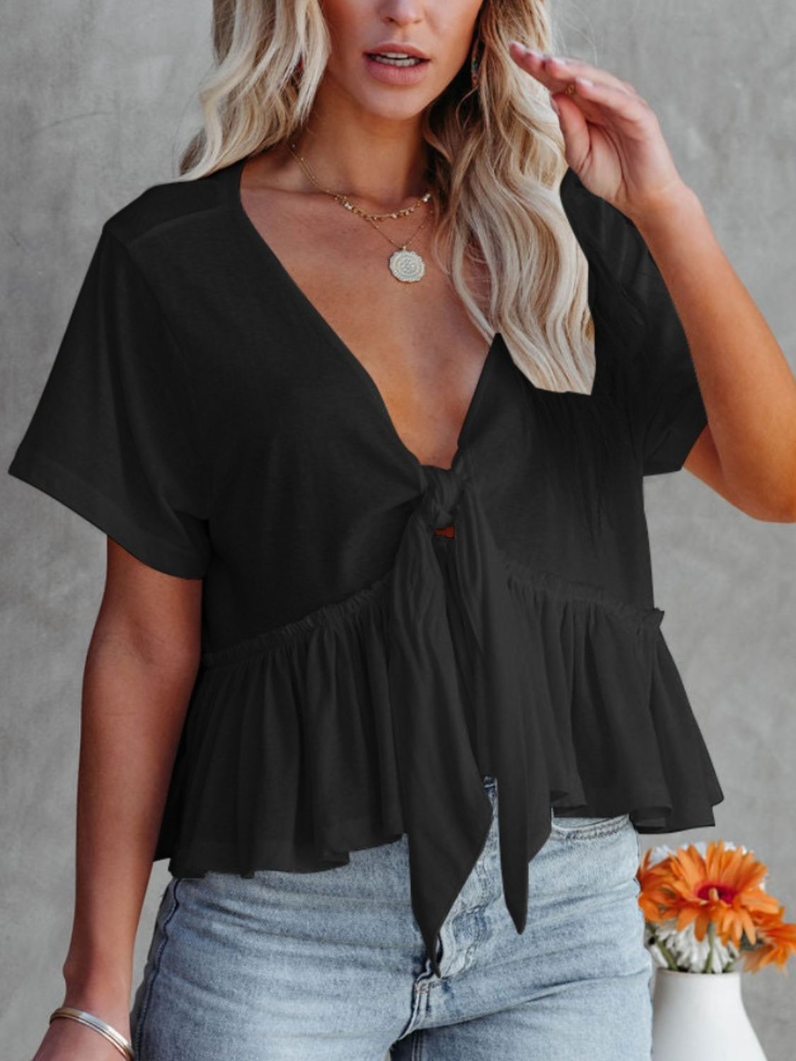 Tied Plunge Short Sleeve Boho Blouse - Spirit and Rebel [Spirit and Rebel]   