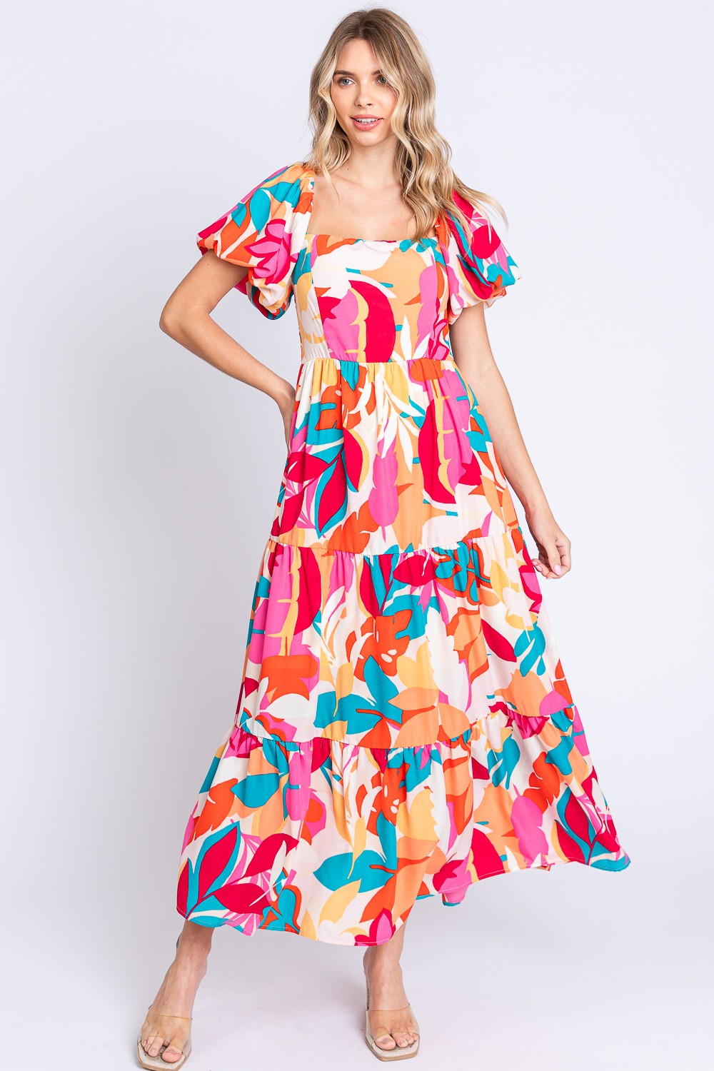 GeeGee Plus Size Printed Smocked Back Tiered Boho Maxi Dress [Spirit and Rebel] Fuchsia/Orange S 