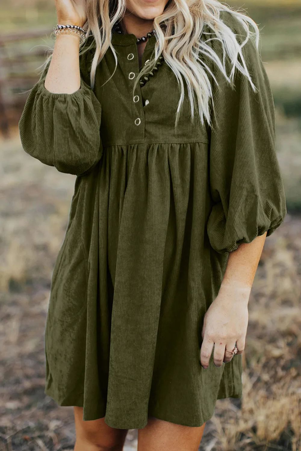 Spirit and Rebel Quarter Snap Three-Quarter Sleeve Dress with Pockets [Spirit and Rebel] Army Green S 