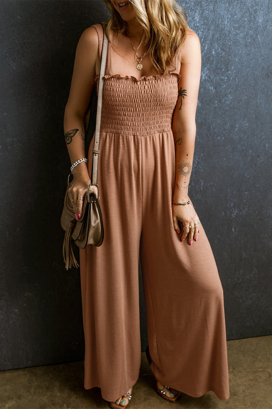 Frill Smocked Wide Leg Boho Jumpsuit - Spirit and Rebel [Spirit and Rebel] Camel S 