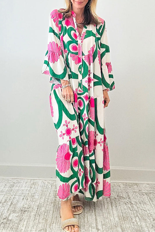 Spirit and Rebel Printed Notched Long Sleeve Maxi Dress [Spirit and Rebel] Pink S 