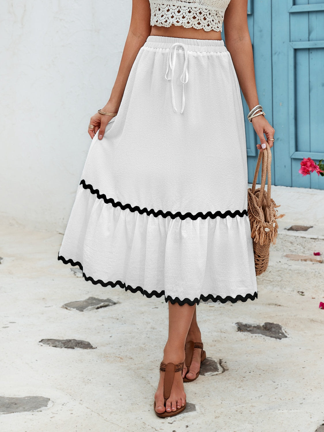 Tied Contrast Trim High Waist Boho Skirt [Spirit and Rebel]   