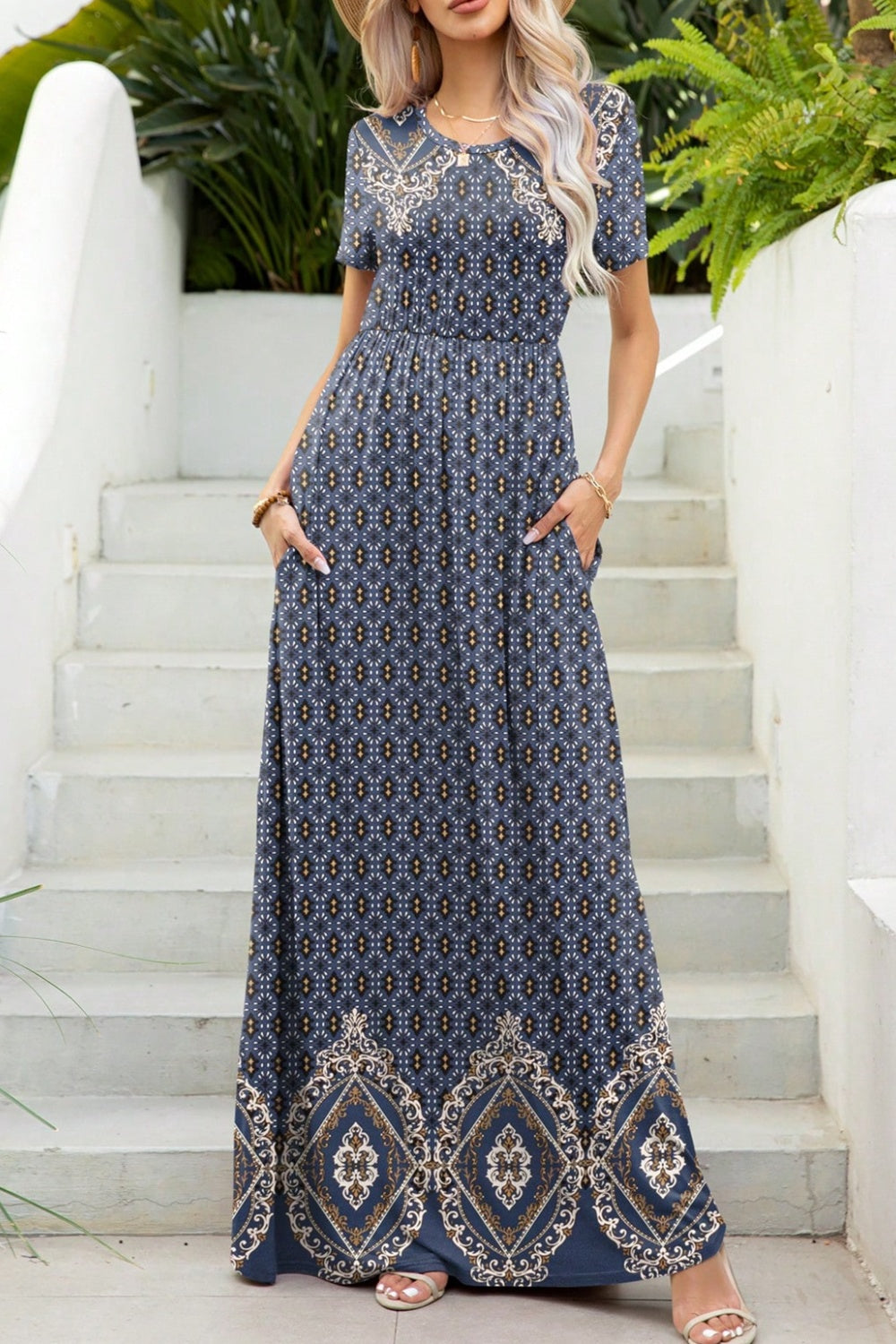 Printed Round Neck Short Sleeve Maxi Boho Dress - Spirit and Rebel [Spirit and Rebel]   