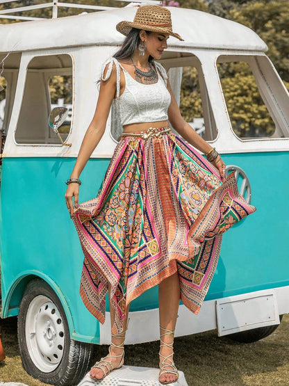 Boho Chic  Printed High Waist Handkerchief Hem Skirt [Spirit and Rebel]   