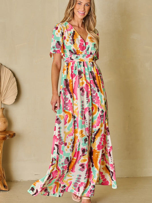 Slit Printed Surplice Short Sleeve Boho Wedding Guest Maxi Dress [Spirit and Rebel]   