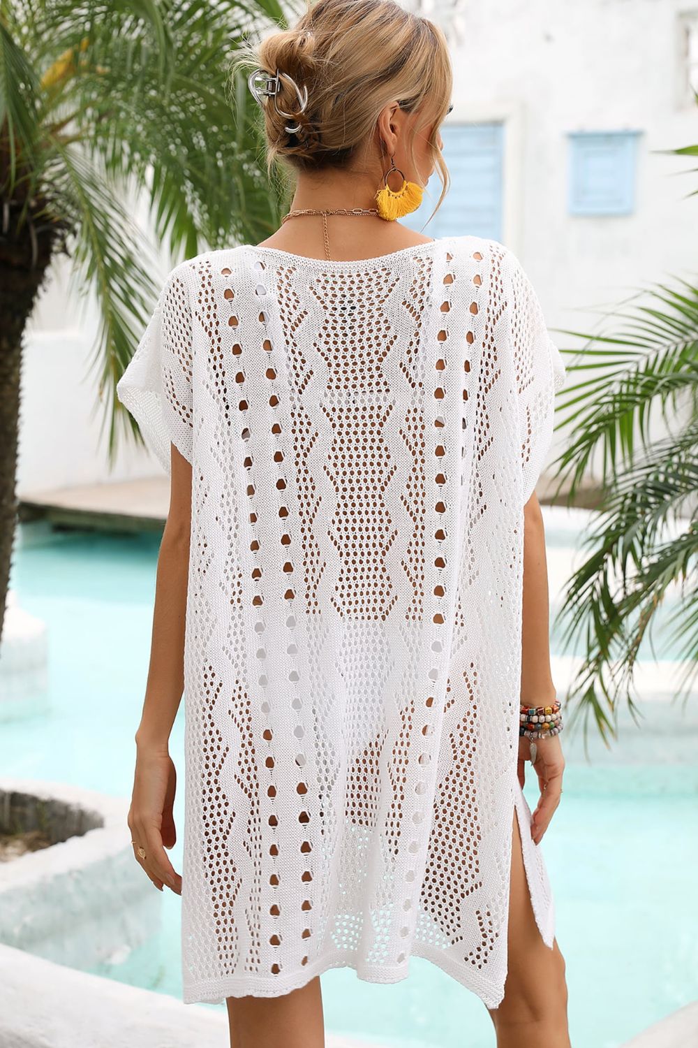 Openwork Plunge Dolman Sleeve Cover-Up Dress Sunset and Swim