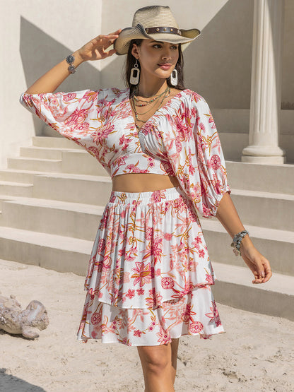 Printed Half Sleeve Boho Top and Layered Skirt Set - Spirit and Rebel [Spirit and Rebel]   