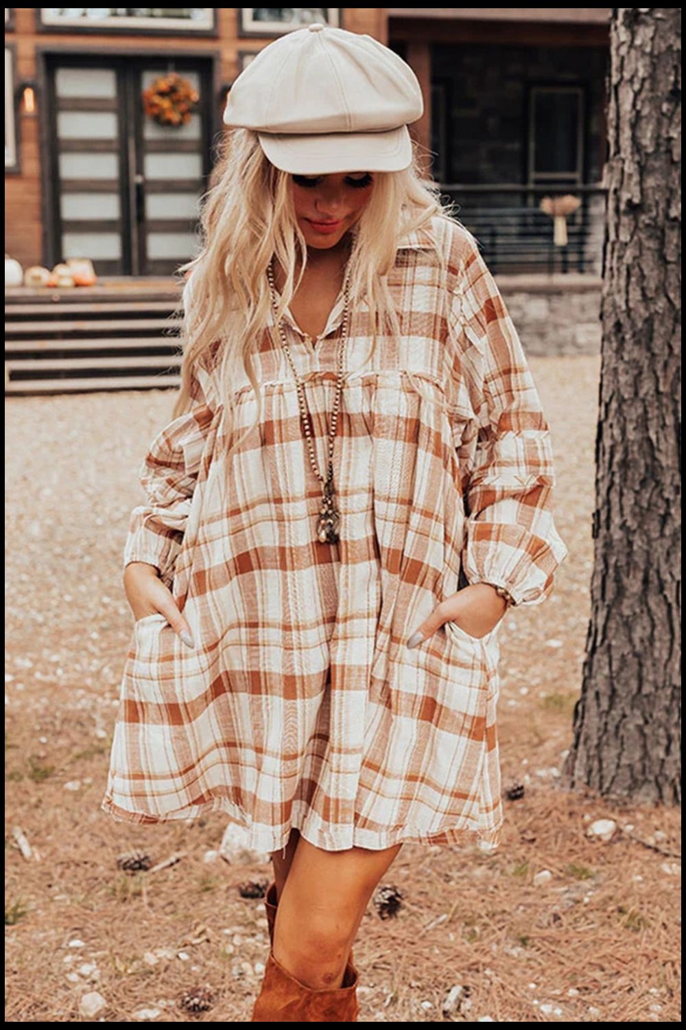 Spirit and Rebel Plaid Collared Neck Long Sleeve Mini Boho Chic Shirt Dress [Spirit and Rebel]   