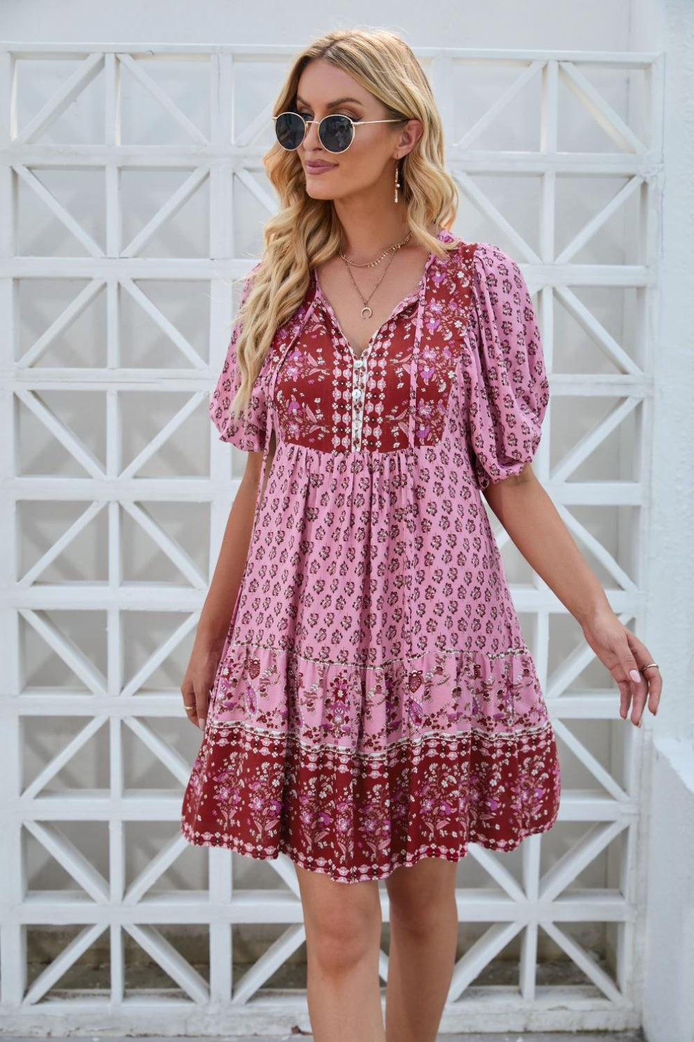 Printed Tie Neck Half Sleeve Boho Dress - Spirit and Rebel [Spirit and Rebel]   