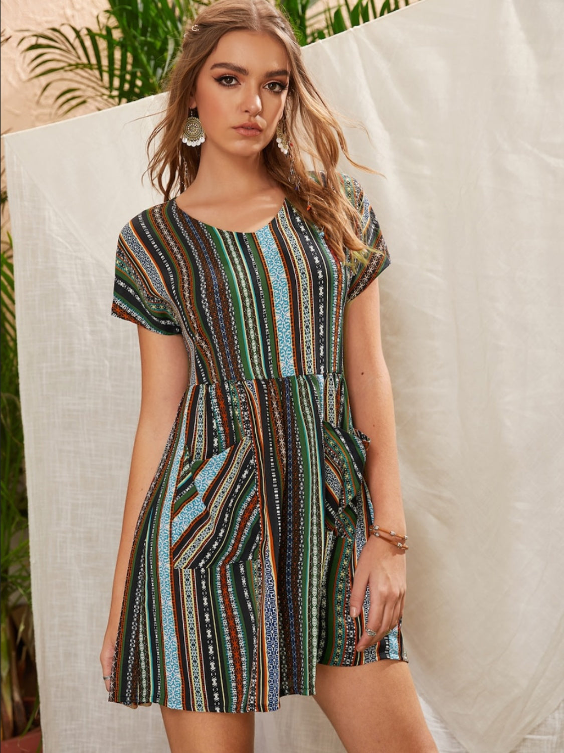 Pocketed Striped Short Sleeve Boho Dress [Spirit and Rebel]   