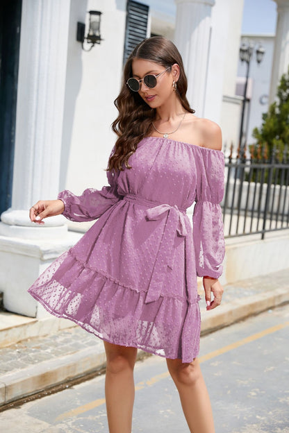 Swiss Dot Off-Shoulder Balloon Sleeve Boho Dress [Spirit and Rebel]   