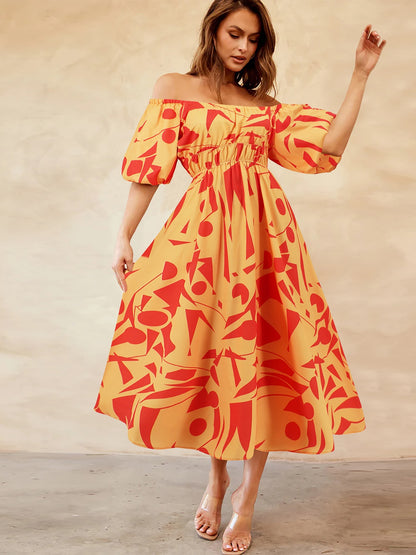 Printed Off-Shoulder Balloon Sleeve Dress [Spirit and Rebel]   