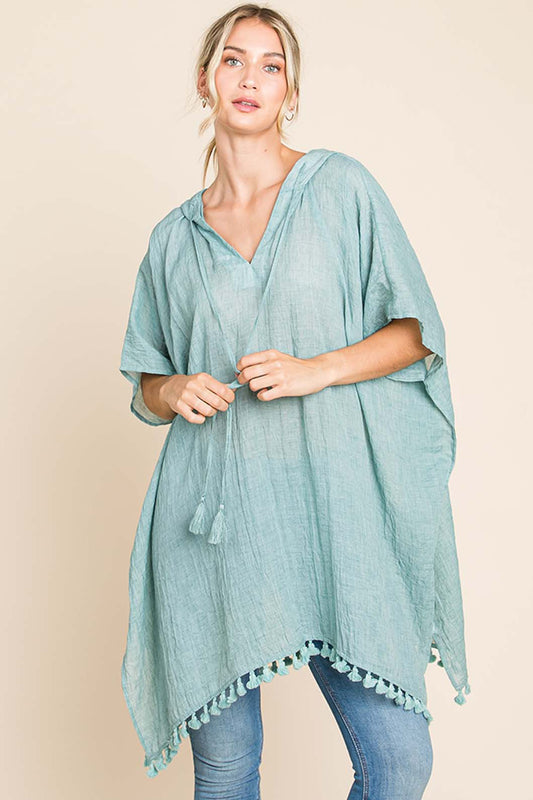 Cotton Bleu by Nu Label Tassel Hem Hooded Boho Cover Up - Spirit and Rebel [Spirit and Rebel] Mint S 