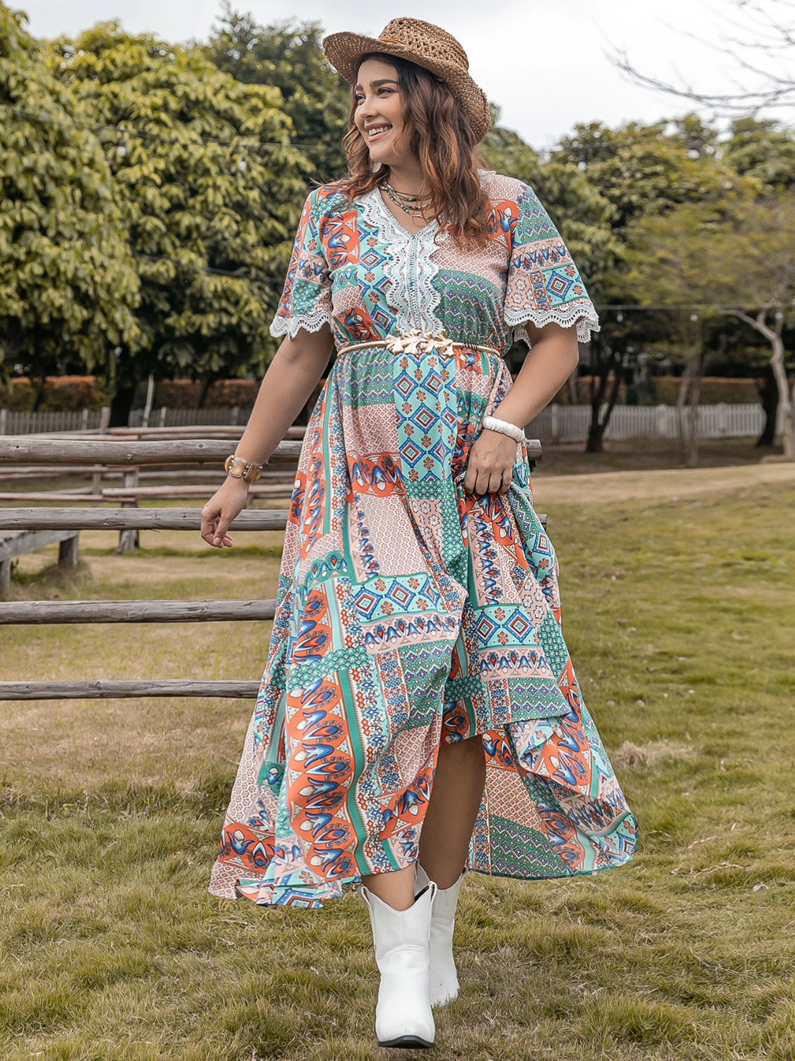 Plus Size Lace Detail Printed Half Sleeve Midi Boho Dress - Spirit and Rebel [Spirit and Rebel]   