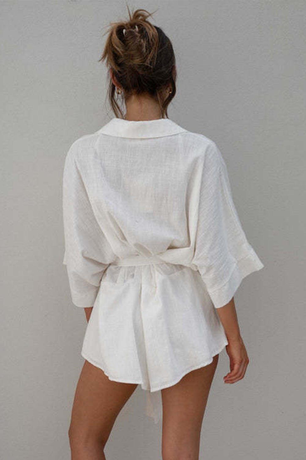 Tied Button Up Collared Neck Boho Romper - Spirit and Rebel [Spirit and Rebel]   