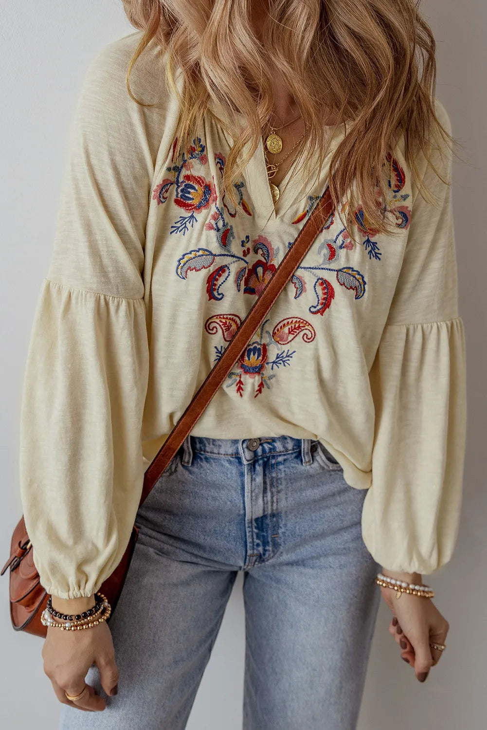 Spirit and Rebel Embroidered Notched Long Sleeve Bohemian Blouse [Spirit and Rebel]   