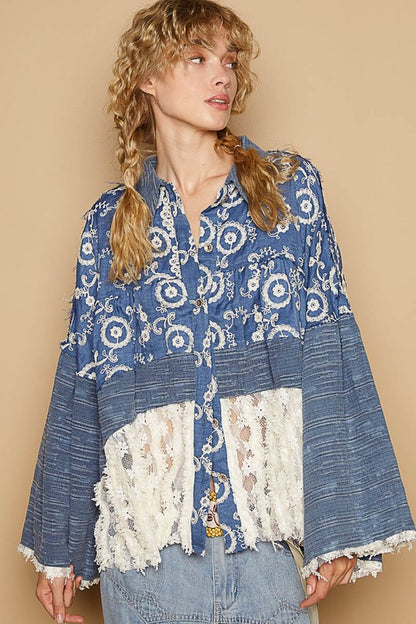 Lace Hem Embroidered Long Sleeve Shirt [Spirit and Rebel]