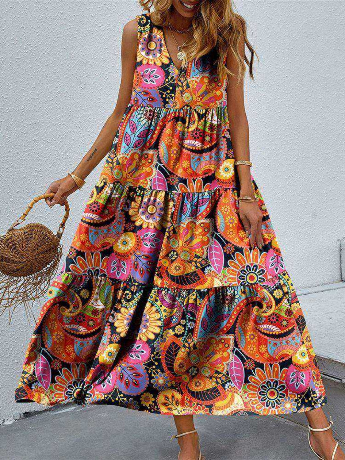 Boho Chic  Tiered Printed V-Neck Sleeveless Dress [Spirit and Rebel] Multicolor S 