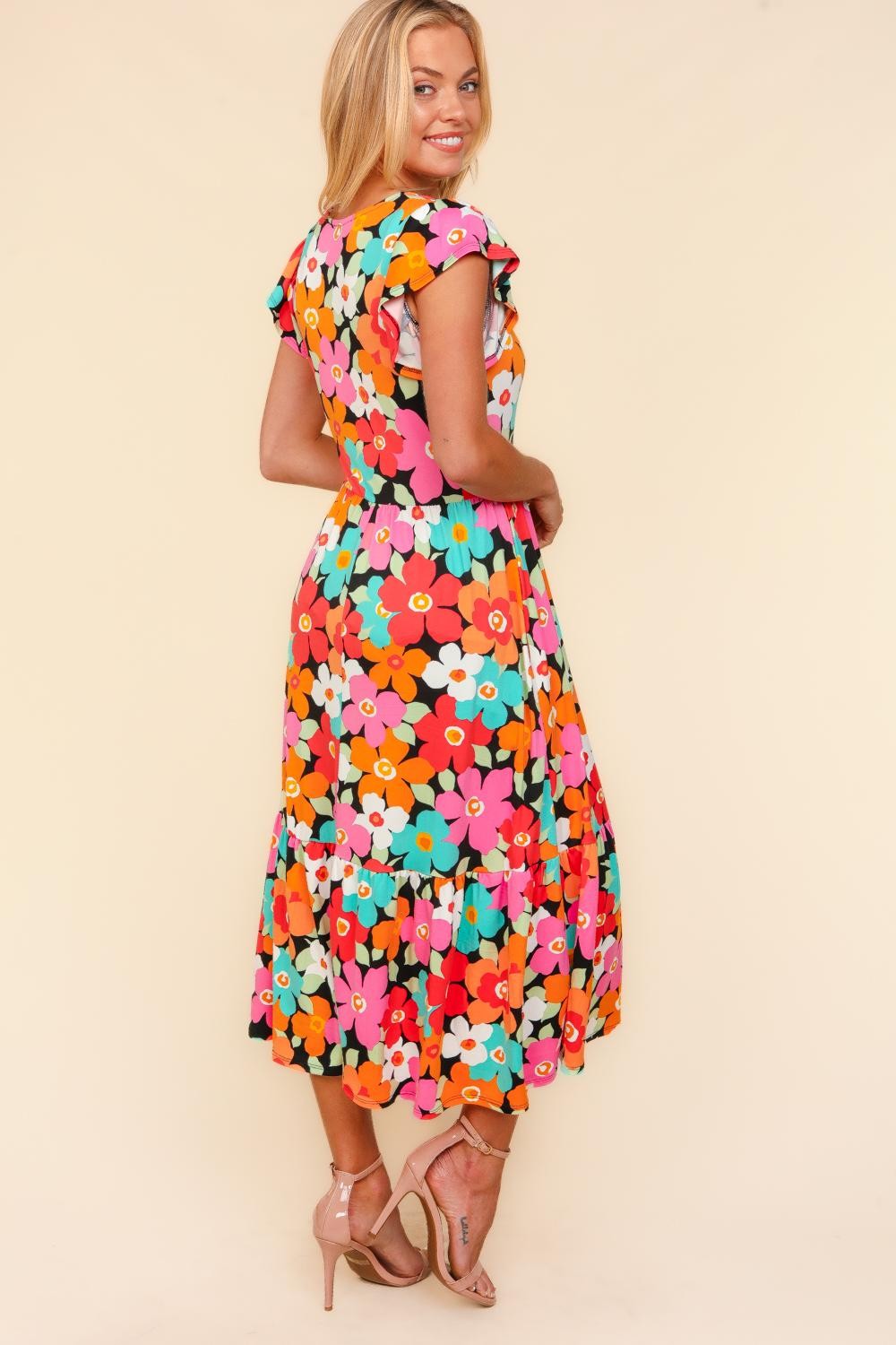 Floral Midi Boho Dress with Side Pockets - Spirit and Rebel [Spirit and Rebel]   