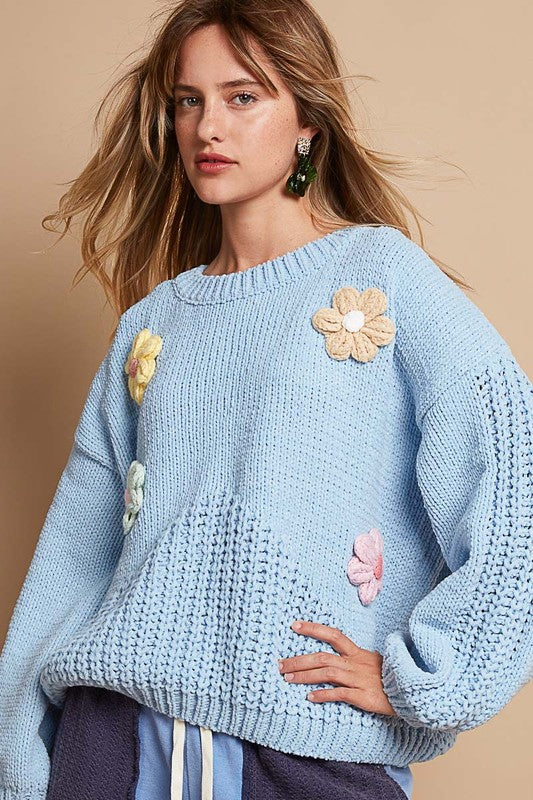 Crochet Flower Round Neck Dropped Shoulder Sweater [Spirit and Rebel]