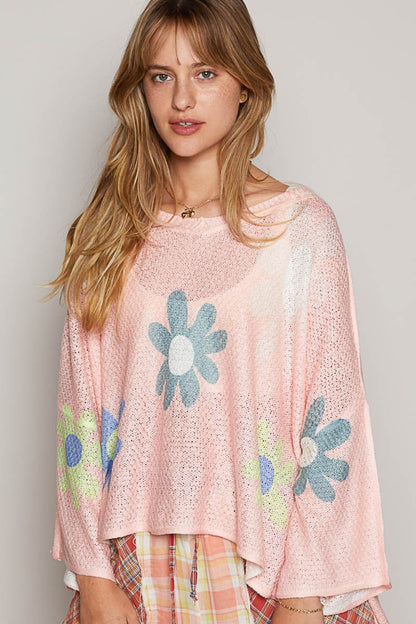 Flower Dropped Shoulder Long Sleeve Knit Boho Top - Spirit and Rebel [Spirit and Rebel] Pink S 