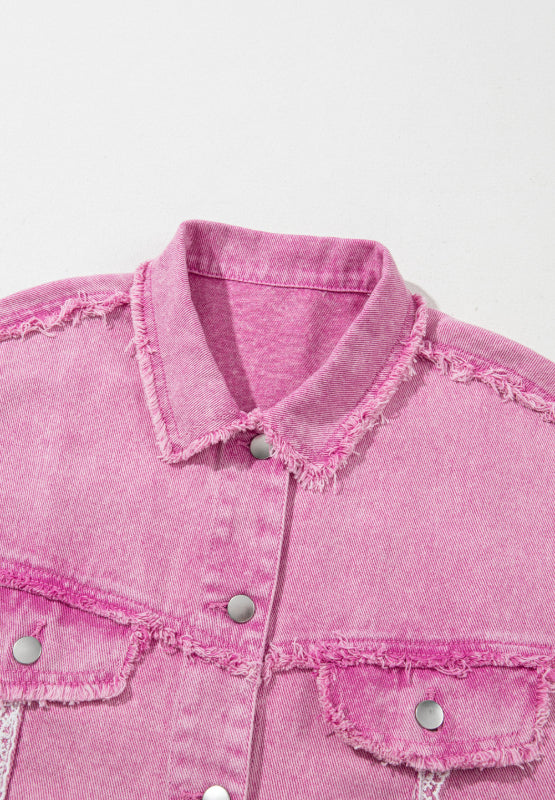 Lace Detail Distressed Button Up Denim Jacket [Spirit and Rebel]