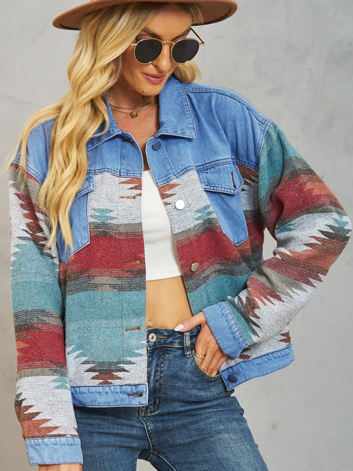 Spirit and Rebel Geometric Button Up Dropped Shoulder Denim Boho Jacket [Spirit and Rebel]   