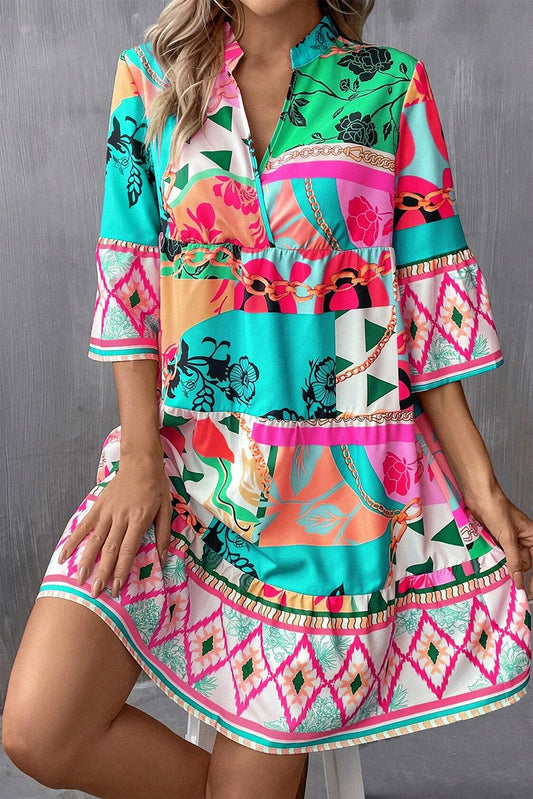 Printed Surplice Half Sleeve Mini Boho Dress - Spirit and Rebel [Spirit and Rebel] Turquoise S 