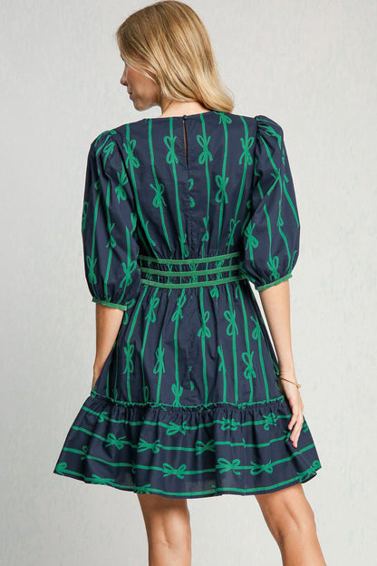 Ribbon Print Frill Contrast Velvet Trim Half Sleeve Dress [Spirit and Rebel]