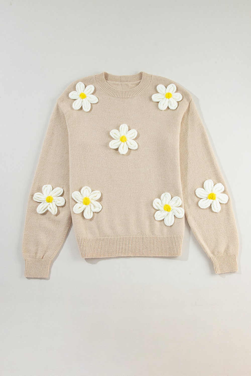 Crochet Flower Round Neck Long Sleeve Boho Sweater - Spirit and Rebel [Spirit and Rebel] Tan S 