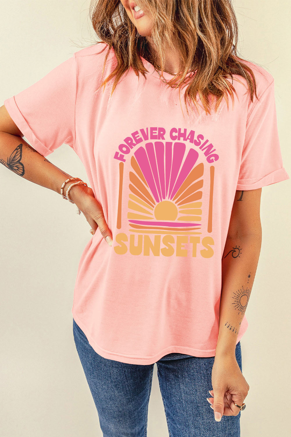 FOREVER CHASING SUNSETS Round Neck T-Boho Shirt - Spirit and Rebel [Spirit and Rebel]   